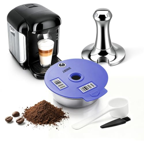 FOVNOT Reusable Coffee Pods for Bosch Tassimo, 180mL Stainless Steel Refillable Coffee Capsule with Silicone Lid and 51mm Tamper Compatible with Tassimo Happy, Vivy, Suny, My Way Series (150mL)