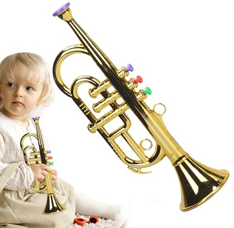 Trompete Spielzeug – Horn aus simulierten Messing-Musikinstrumenten | frühes pädagogisches Musikinstrument, 12 cm, Trompetenspielzeug mit 4 farbigen Tasten, Zubehör für Bühnenperformance für Jungen