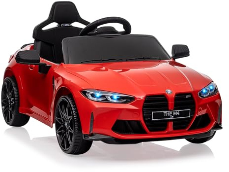 Offiziell lizenziert – BMW M4 Kinder Elektroauto 12V mit 2,4G Fernbedienung - 2 Motor, LED Scheinwerfer, Hupe & Musik - Elektrofahrzeug mit Sicherheitsgurt für Kinder 3-6 Jahre, Rot