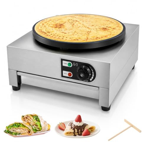 Fer à crêpes électrique 3000 W avec plaque à crêpes antiadhésive de 40 cm, fonte d'acier inoxydable, température 50-300 °C, spatule en bois incluse, pour crêpes, pancakes, galettes, tortillas, cuisine