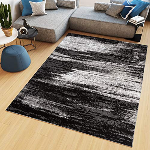 TAPISO Maya Teppich Kurzflor Modern Verwischt Meliert Streifen Design Schwarz Grau Creme Schwarz Wohnzimmer Schlafzimmer ÖKOTEX 120 x 170 cm