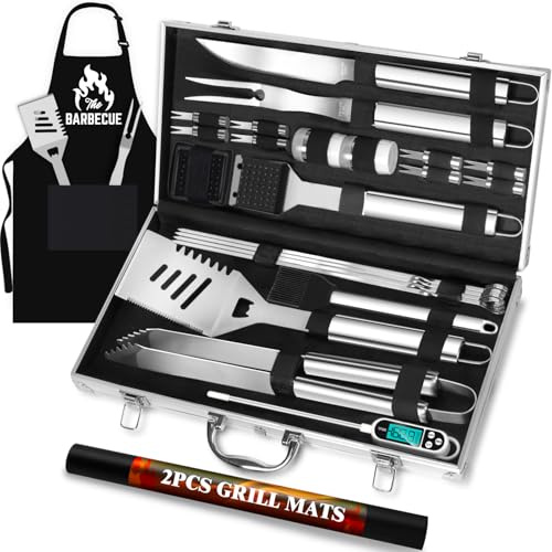 ROMANTICIST 31-teiliges Edelstahl-Grillwerkzeug-Set, robustes Grillzubehör für Männer und Frauen, rutschfestes Grillutensilien-Set mit Thermometermatten in Aluminiumkoffer für Outdoor, Camping, Silber