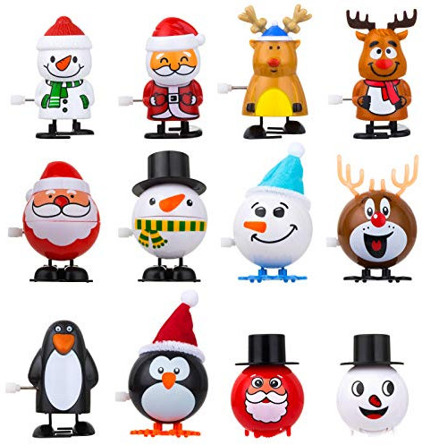 LIHAO 12 x Aufziehspielzeug Kinder Weihnachten Uhrwerk Spielzeuge Set Aufziehen Pinguin Weihnachtsmann Rentier Schneemann Ornament mit Geschenkbox als Geschenk für Jungen Mädchen