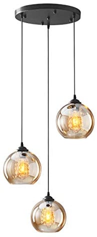 H.W.S Glas Pendelleuchte Kristall Pendellampe Modern Kugel Kronleuchter Design Kreative Hängeleuchte Höhenverstellbar Innen Dekoration Hängelampe Wohnzimmer Leuchte (Amber, 3 flamming round)