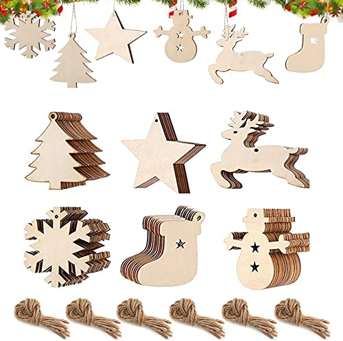 Eterspr 60 Stück Holz Christbaumschmuck, DIY Weihnachtsdekoration Holz, Rundkopfbaum, Elch, Schneeflocke, fünfzackiger Stern, Socken, Schneemann, für die Weihnachtsdekoration
