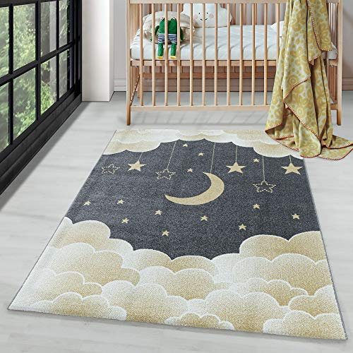 Carpettex Kinderteppich Mond- und Sterne Design Gelb 160 x 230 cm - Kurzflor Teppich Kinderzimmer für Mädchen und Jungen Pflegeleicht Weicher Flor - Spielteppich Babyteppich Gaming Teppich Babyzimmer