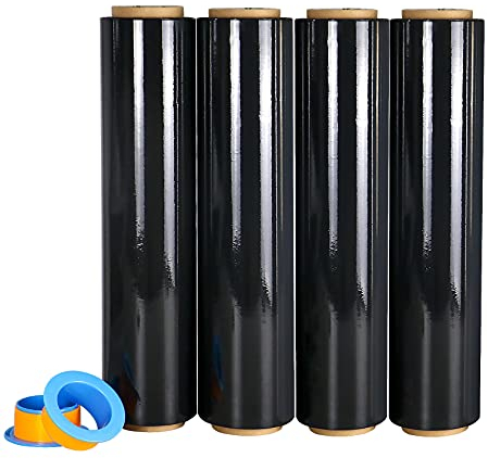 BOMEI PACK Noir Film étirable demenagement (lot de 4) de film emballage, Cling Film 250m x 450 mm x 17 µm avec poignée de roulement en plastique, pour emballage et déménagement