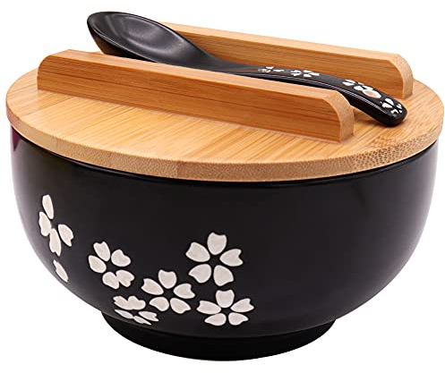 XCMVCN Bol Ramen avec couvercle 1000 ml bol Ramen en céramique noire Premium japonais pour nouilles instantanées soupes nouilles Pho Udon Soba