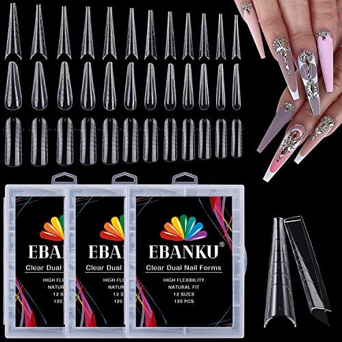 EBANKU 360 Pièces Faux Ongles Acrylique Transparent,Nail d'extension Kit Double Couverture Complète pour UV Gel extension Artificiel Capsules Ongles Pointues Nail Tips pour Femmes Filles