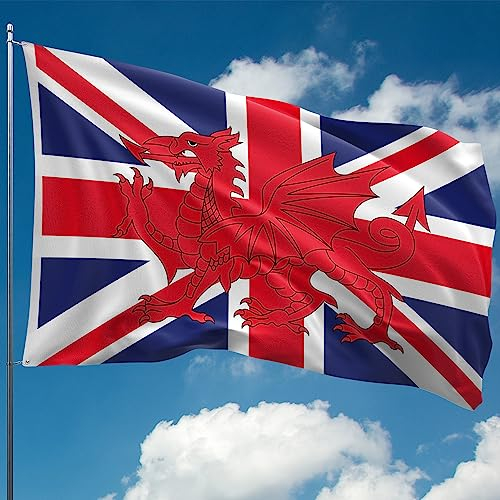 Drapeau gallois avec Union Jack – Drapeau du Pays de Galles Cymru 1,5 x 0,9 m avec œillets, drapeau du dragon gallois