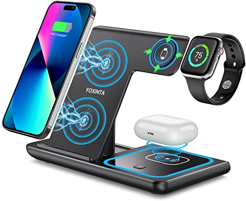 3 in 1 Charging Station for iPhone, Wireless Charger for iPhone 16 15 14 13 12 11 X Pro Max & Apple Watch - Wireless Charging Station for AirPods 4 3 Pro (Black)