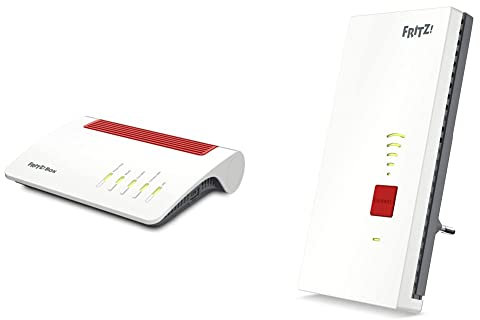 AVM FRITZ!Box 5590 Fiber (Wi-Fi 6 modem in fibra ottica (WLAN AX) & FRITZ!Repeater 2400 (Dual-WLAN AC + N fino a 1.733 MBit/s + 600MBit/s), 1x Gigabit-LAN, in lingua tedesca