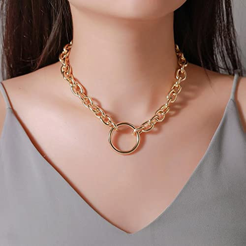 TseenYi Open Circle Necklace Punk Chunky Chain Choker Necklace Gold Circle Ring Pendant Necklace Thick Chain Link Necklace Jewelry for Women and Girls Gifts