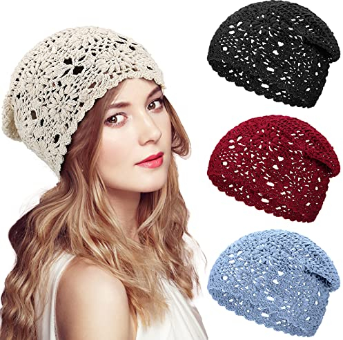 JenPen 4 Stück gehäkelte Slouchy Beanie Mütze Herbst Handarbeit Strick Blumen Totenkopf Kappe Baumwolle Ausschnitt Sommermützen für Frauen Leicht Strick, Schwarz