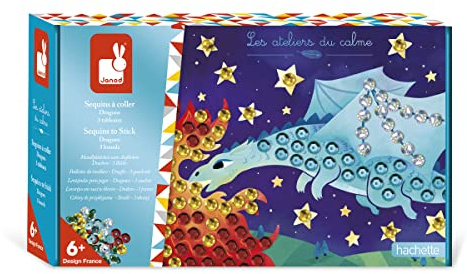 Janod - Glue-On Sequins Set - Dragons - Les Ateliers du Calme - Children’s Arts & Crafts Kit - Mastering Fine Motor Skills & Concentration - 6 Years +, J07921