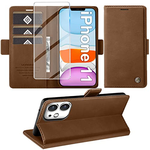 Giyer Handyhülle für iPhone 11 Hülle mit Schutzfolie, Standfunktion Kartenfach Wallet Premium Leder Schutzhülle für iPhone 11 5G 6.1 Zoll Flip Case Cover Stoßfeste Klapphülle (Braun)