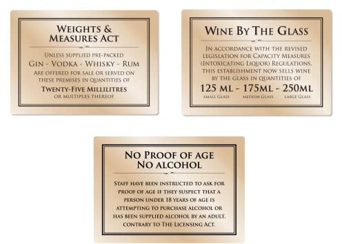 Weights & Measures Act 25ml Gold Sign Wine by the Glass 125ml 175ml 250ml - Pack of 3 Signs in GOLD
