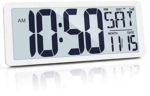 CYMNER Digital Atomic Clock Wall Clock with Auto Backlight, Large Display Clock Battery Operated with Temp, Date,Timer, DST, for Living Room, Bedroom, Classroom, Gym White