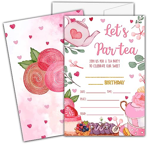 Ycyfckdr Tea Party Geburtstagseinladungen für Kinder Mädchen, Let's Par-Tea Geburtstagsparty-Einladungskarten, Geburtstagsparty-Dekor-Zubehör – 20 Einladungen mit Umschlägen (D12)