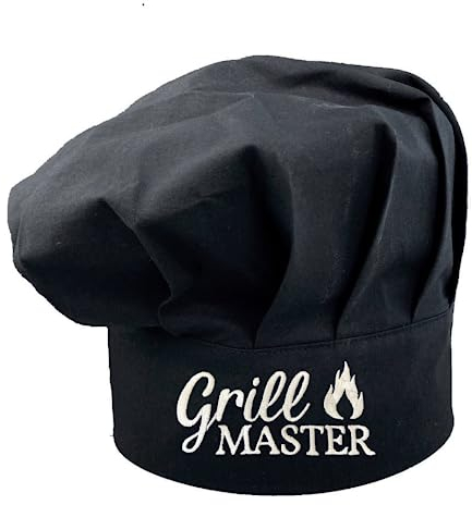 Pet-Jos Grill Master Chef Kochmütze mit Stickerei Unisex Geschenk Kochmütze aus Baumwolle Küche Hotel Restaurant Gastro-Hüte Einstellbar für Männer Frauen Kochen Schwarz