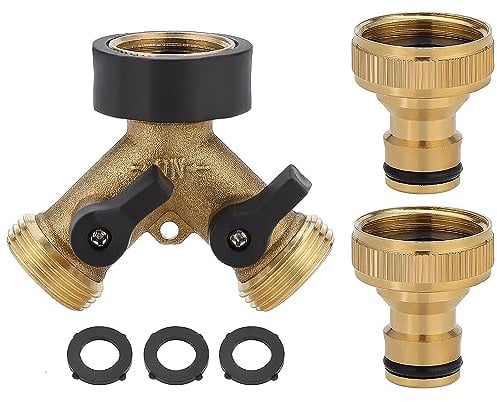 TopHomer 3/4'' Brass 2 Way Hose Splitter with Individual On/Off Valves, Adapter, Irrigation Hose Outside Tap Adaptor, Connectors-Two Way Brass Tap with Individual On/Off Valves