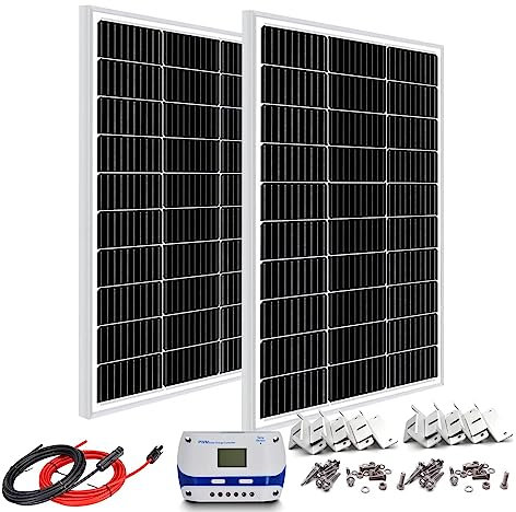 Neopolar Lot de 2 panneaux solaires 220 W 12 V à haut rendement - Cadre en aluminium argenté - Panneaux photovoltaïques monocristallins avec régulateur de charge PWM 10 A - Pour camping-car, camping,