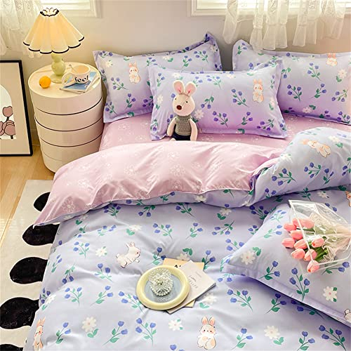 Koudi Mädchen Bettwäsche 140x200 Blumen Lila Violett Tulpe Motiv Wendebettwäsche Weiche Microfaser Bettbezug Set Bunny Bettdeckenbezug mit Reißverschluss und 70x90cm Kissenbezug
