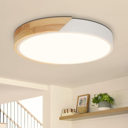 Kimjo Plafon LED Techo Madera 24W Blanco Cálido - Lámpara de Techo Modernas 2400LM 3000K - Blanco Plafón LED Techo 30cm Redondo Para Cocina Salon Comedor Dormitorio Pasillo Habitación