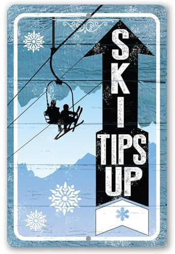 Ski Tips Up, klassische Skihütten-Dekoration und Hütten-Wanddekoration, Schnee-Ski-Zubehör, Berghaus, Winterschneeflocken, Ski-Patrouillen-Zubehör, tolles Geschenk für Skifahrer, langlebiges Metalls