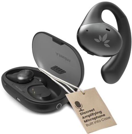 Avantree AcuEar Pebble - Amplificador de Audio Personal Bluetooth con Micrófono de Escritorio Inalámbricos & Auriculares Open Ear 2-in-1 para Personas Mayores, Transmisión Voz Clara, Estuche Carga