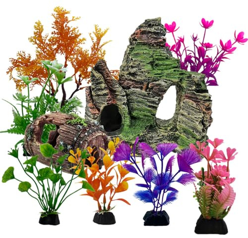 9 Piezas Plantas de decoración para Acuario, Decoracion para Acuarios, Plantas Artificiales de Acuario, Plantas de plástico para decoración de acuario y adornos de escondite de cueva de roca