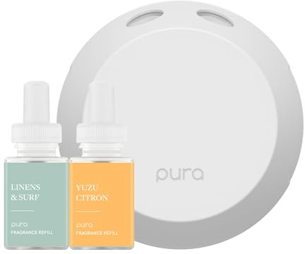 Pura Smart Home Fragrance Device Starter Set - Pura 4 - Scent Diffuser for Home - Includes Fragrance Aroma Diffuser - Square Box, Linens & Surf and Yuzu Citron Scent Refills