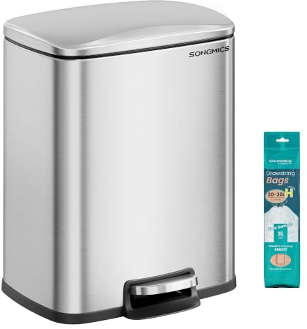SONGMICS Trash Can, Garbage Can with Lid, 5.2-Gallon (20L) Step Trash Bin for Kitchen, Stainless Steel, Soft Close and Stays Open, Inner Bucket, Includes 15 Trash Bags, Silver ULTB543E01