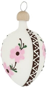 Gablonzer Osterei aus Glas, weiß mit rosa Blumen, Osterschmuck