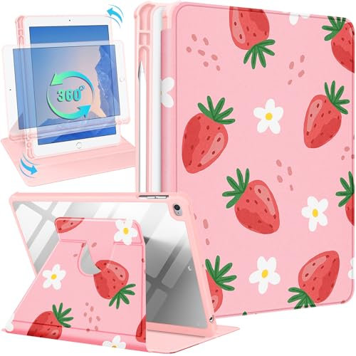 SurgeCraft for iPad 5th/6th Generation Case, for iPad Air 1st/2nd Gen, for iPad Pro 9.7 Inch Case, Rotating Stand with Pencil Holder for Women Girls Cute Folio Cover Kawaii Strawberry for iPad 9.7