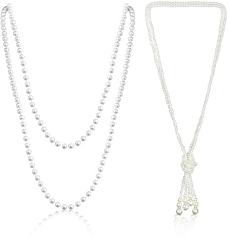 UILYNIU 2 Stück Perlenkette Damen, Kunstperlenkette Perlenkette Lange Halskette 1920er Jahre Great Gatsby Halskette 1920er Jahre Accessoires Perlen Kette für Abschlussball Hochzeit Party (2 Stück)