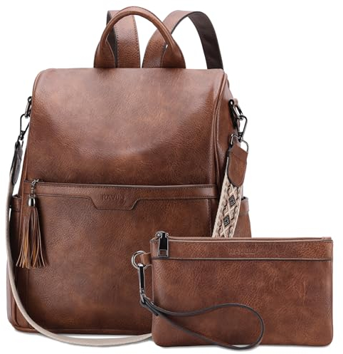 RAVUO Rucksack Damen, Anti Diebstahl Pu Leder Rucksack Tasche 2 in 1 Elegant Cityrucksack Wasserdicht Rucksackhandtasche mit Geldbörse,Braun