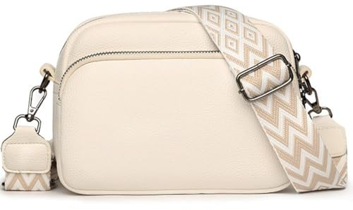 Wybtbm Crossbody Bag Damen, Klein Umhängetasche Damen, Echtes Leder Breiter Gurt,Kleine Handtasche Damen Handytasche zum Umhängen mit Breitem Schultergurt u 3 fächern(Beige)