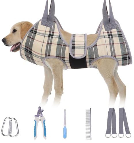 BEAUTYZOO Dog Grooming Hammock for Medium/Large Dogs- Dog Sling for Nail Trimming/Clipping- Dog Grooming Harness with Thick Fabric Neck Support & Strap Restraint Claw Care, Beige M