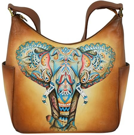 Anuschka Klassische Leder Hobo Damentasche aus echtem pflanzlich gegerbtem Leder mit Seitentaschen, handbemalt - Elephant Mandala