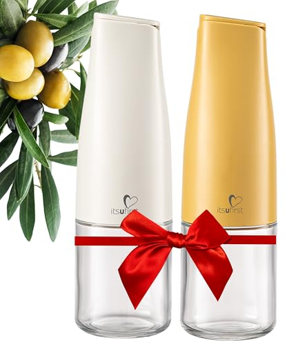 itsufirst® Olive Oil and Vinegar Dispenser Set – 2x500ml Glass Pourer Bottles, Auto Flip, Non-Spill Drizzlers, LeakProof Oil Bottles for Kitchen Cooking, Sunshine & Pure (Yellow + Off-White) Duo Pack