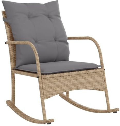 vidaXL Garten Schaukelstuhl, Schaukelsessel mit Kissen, Relaxstuhl für Garten Terrasse Balkon, Relaxsessel Gartenstuhl, Beige Poly Rattan