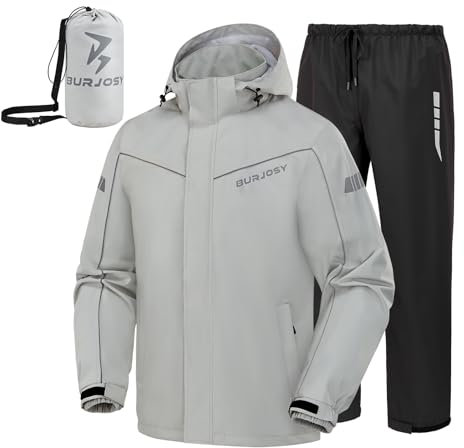 Regenanzug Herren, Wasserdicht Regenjacke Regenhose, Packbare Leicht Reflektierende Windjacke mit Kapuze, Atmungsaktiv Fahrrad Regenmantel für Outdoor Wandern Camping