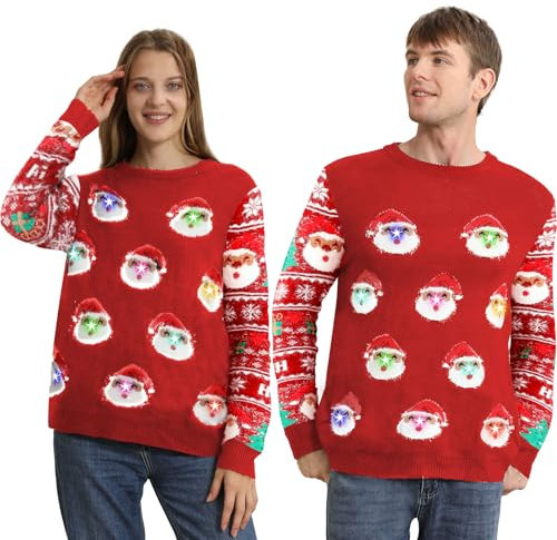 Christmas Jumpers for Women Men UK,Light Up Christmas Jumper,Unisex Cute Santa Ladies Christmas Jumpers,Led Flashing Red Ugly Christmas Sweater,Best Fun Rude Matching Xmas Sweaters for Couples Adult