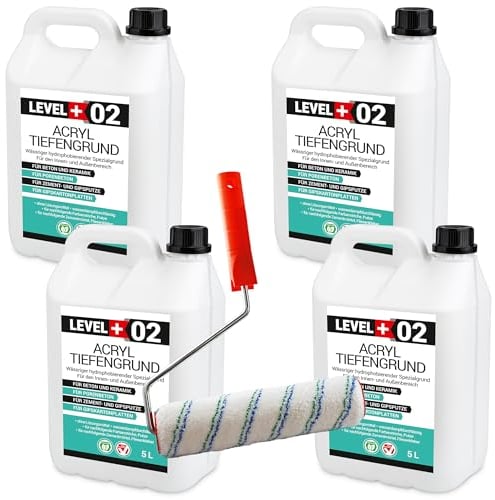 LEVEL+ Base acrílica Plus 02 de 20 L, de secado rápido, lista para usar, imprimación para pinturas, yeso, yeso + rodillo de pintura de 25 cm con juego de patillas