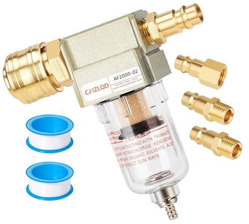 1/4 di Pollice Separatore di Acqua Compressa, Filtro Aria Compressa con Attacco Rapido, con 4 Connettori Rapidi e 2 Nastri in Teflon, per Filtri Compressori, Filtri aria Compressa