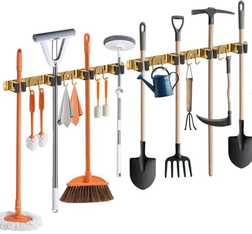 GUUKAR Mop Broom Holder Wall Mount, 2 Packs Gold Stainless Steel Tool Storage Organizer for Kitchen Garden Garage Laundry Room Bathroom and RV with 4 Slots 6 Hooks