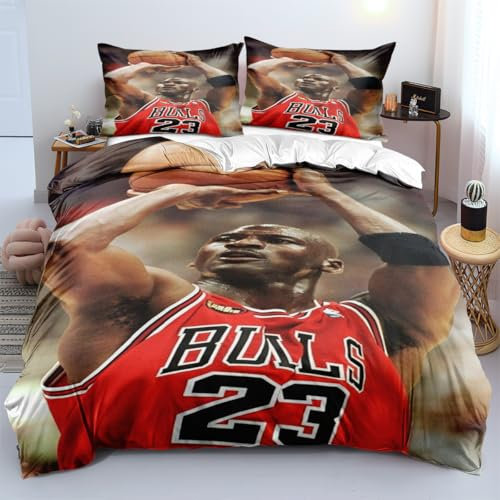 Yerkro Basketball-Star Jordan Bettwäsche 135x200 Jungen Sportthema Bettbezug Set Anime-Cartoon 3 Teilig Bettbezüge 3D Drucken Mikrofaser Mit Reißverschluss Eckbändchen + 2 Kissenbezüge 80x80cm