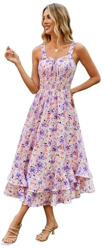 Grace Karin Vestito lungo estivo da donna arricciato con spalline e stampa floreale, scollo quadrato, orlo a doppio strato, S