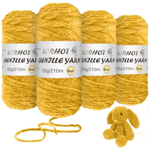 VORHOT 400 g Chenille-Garn, 4 Rollen weiche Chenille-Wolle, Samtwolle für Kinder zum Stricken, Gelb